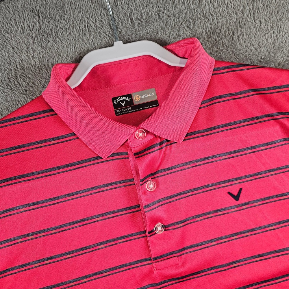 Callaway Opti-Dri Golf Polo Shirt Mens XL Pink Navy Blue Striped Short Sleeve